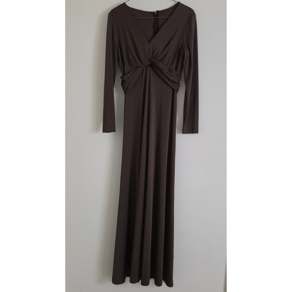 Vtg Miss Elliette CA Chocolate Brown Maxi Dress Deep V Long Sleeve Size S